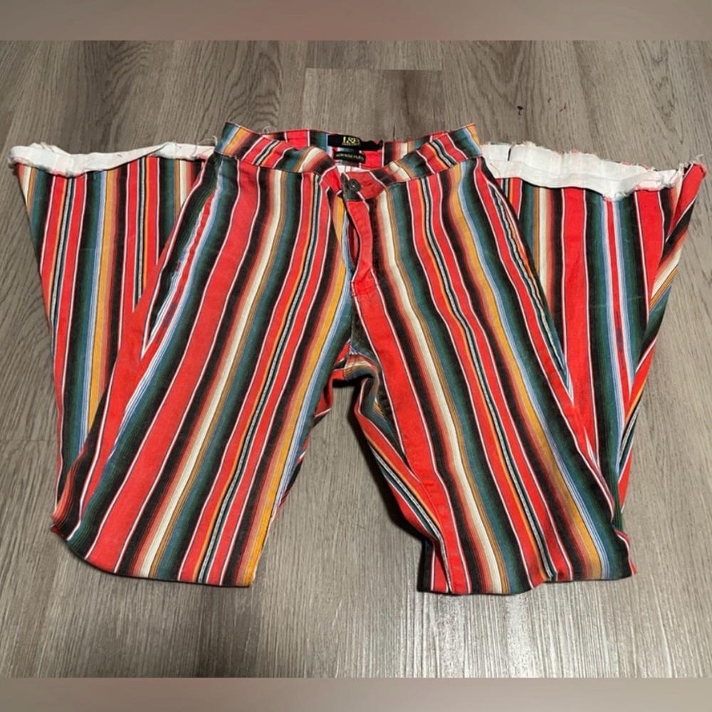 Retro Jeans LUCKY BLESSED HIGH RISE FLARE Serape Stripe Red Black Blue Size 10 - Picture 8 of 10